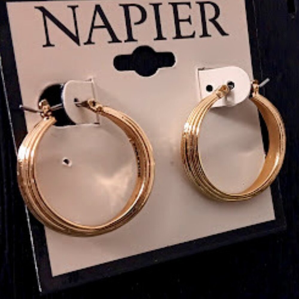 NAPIER Mod/Contemporary Gold Ribbed Texture Hoop Earrings**NEW! - Picture 2 of 3